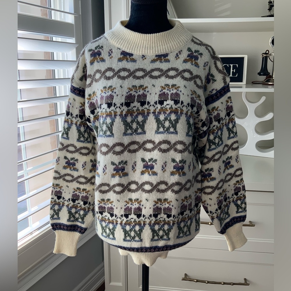 Vintage 80’S CLARISSA BELLINI Wool Ivory Knit Patterned Sweater Women’s SZ Small